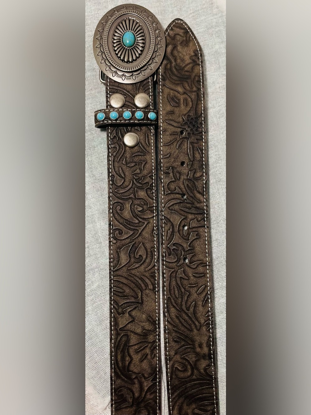 NWT Angel Ranch Brown Floral Embossed Leather Western Belt Turquoise Buckle XL